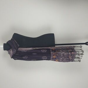 Boho Long Shawl Scarf Bagru Wool Blend Embroidered Reversible Purple Orange